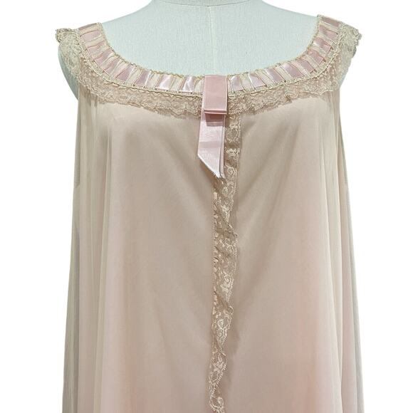 Vintage 60s Odette Barsa Pink Nylon Chiffon Lace & Ribbons Maxi Nightgown Size M - Picture 2 of 10